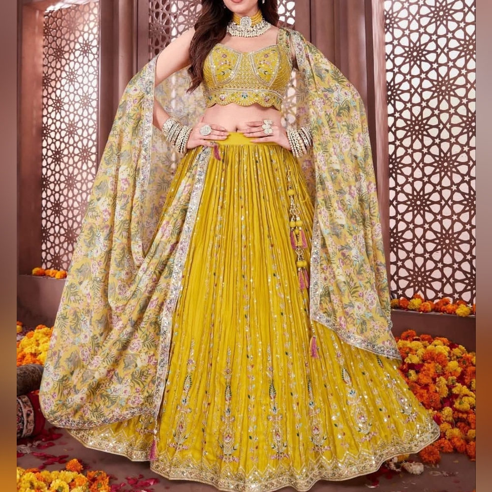 Embroidered Yellow Lehenga Choli Set Floral Print Lehenga Indian Wear